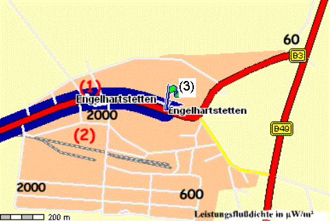 Verteilung der HF-Strahlung in Engelhartstetten, gemessen am 12.11.2003